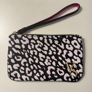 Victoria's Secret Pink Black Leopard Animal Print Wristlet Pouch Gold VS Logo